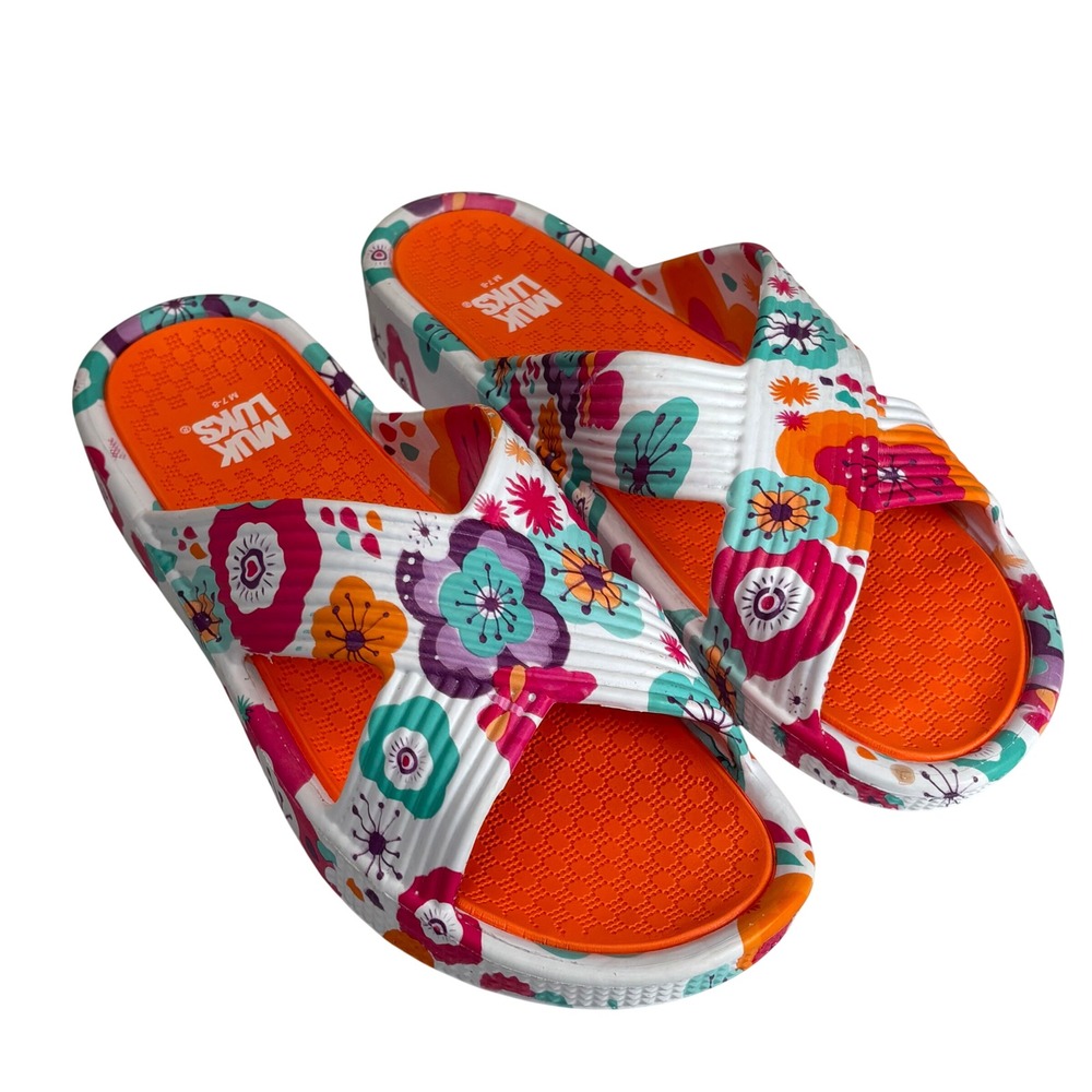 Muk Luks Floral Slide Sandals Orange White Purple Teal Boho Retro Sz 7 - 8 Beach